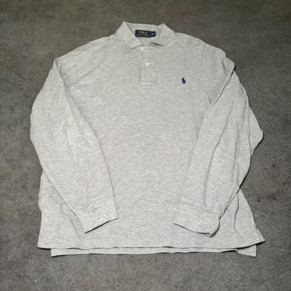 Polo Ralph Lauren Mens Long Sleeve Polo Shirt Grey Pique Cotton Pony Logo Size M